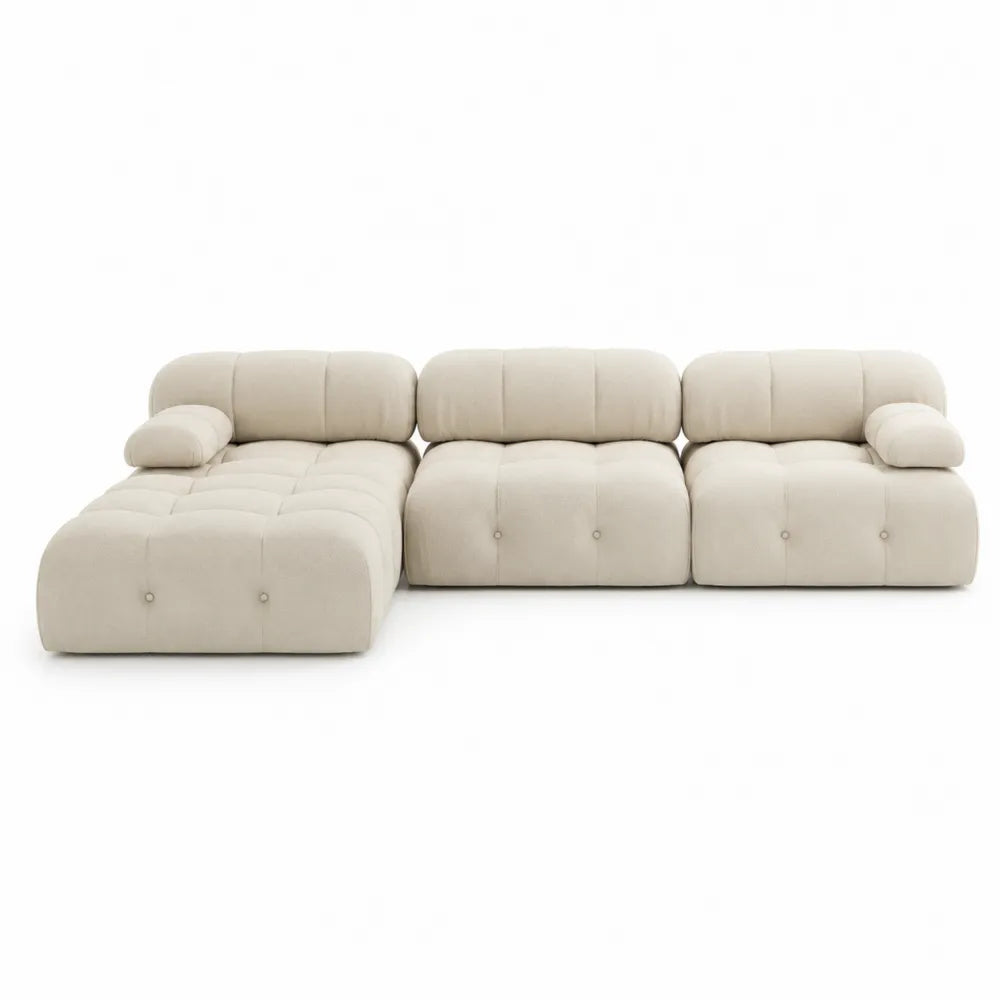 Divano componibile angolare in tessuto beige con chaise longue