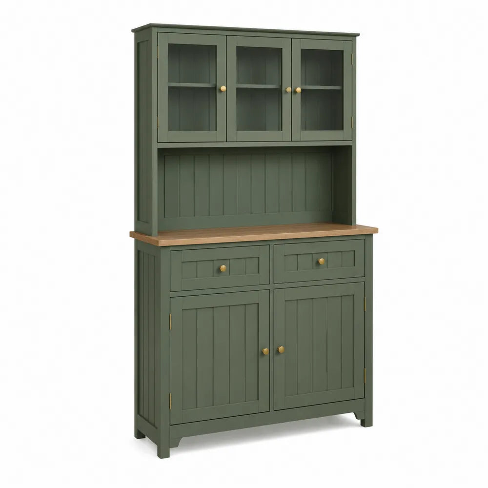Credenza in legno verde con vetrina e mensole in vetro