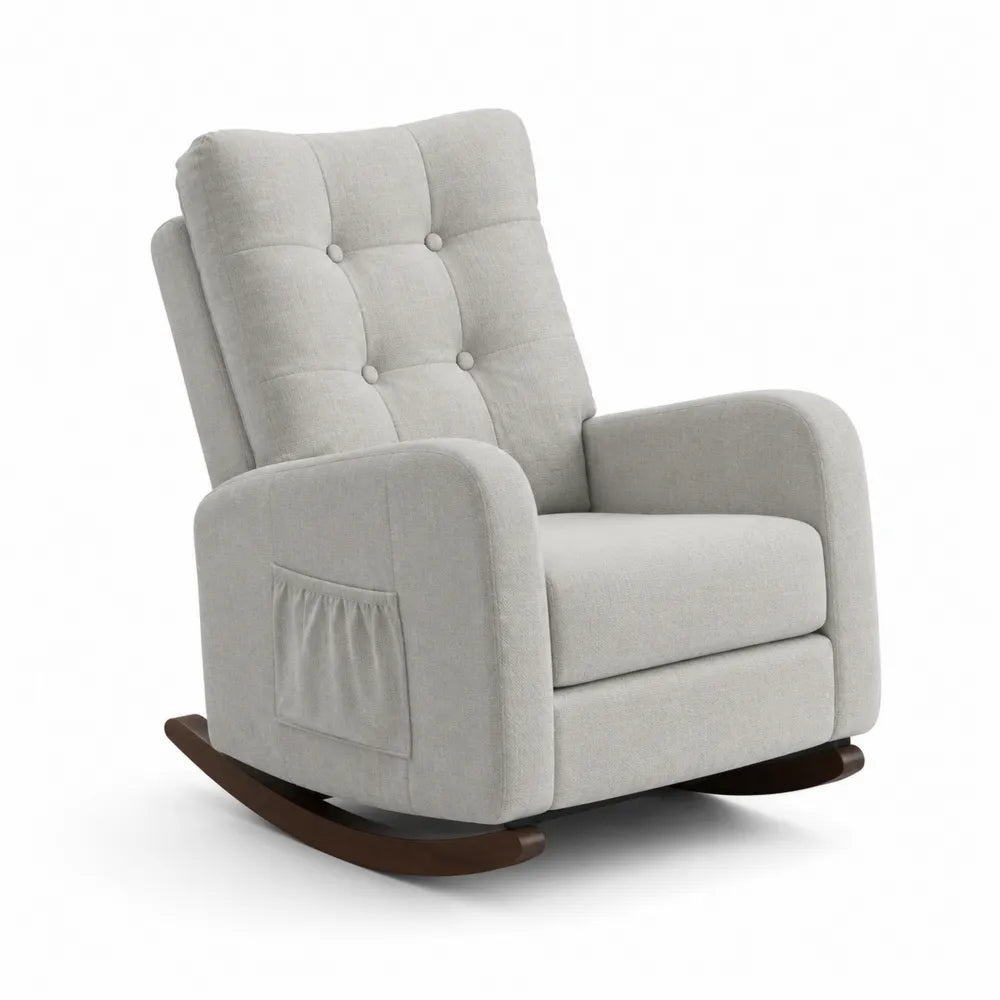 Poltrona a dondolo in tessuto grigio con base in legno