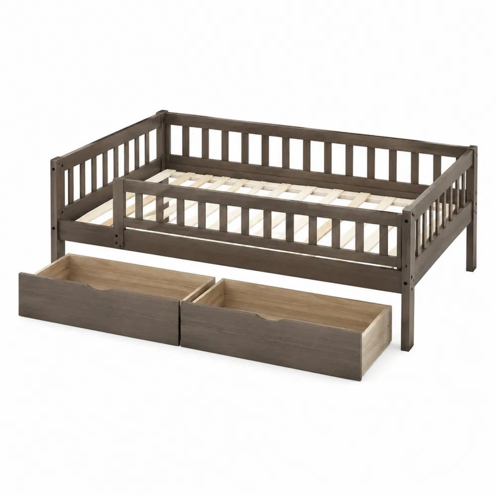 Letto singolo in legno massello di pino con cassetti grigio scuro