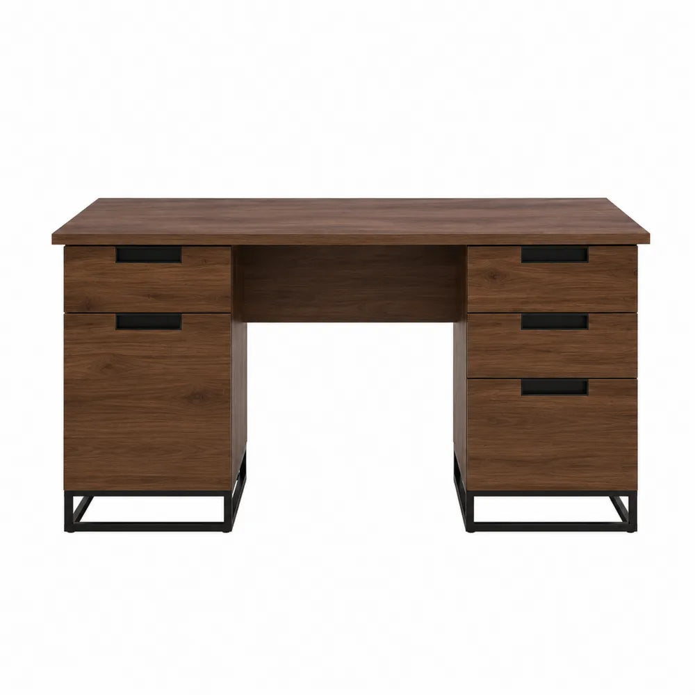 Scrivania in legno e metallo con cassetti noce 140x60x75 cm