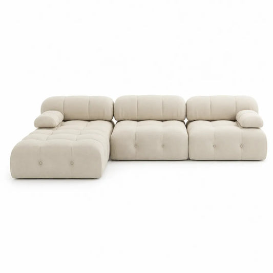Divano componibile angolare in tessuto beige con chaise longue
