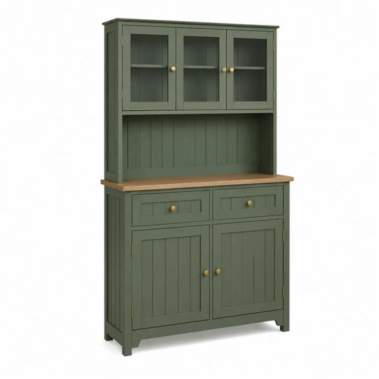 Credenza in legno verde con vetrina e mensole in vetro