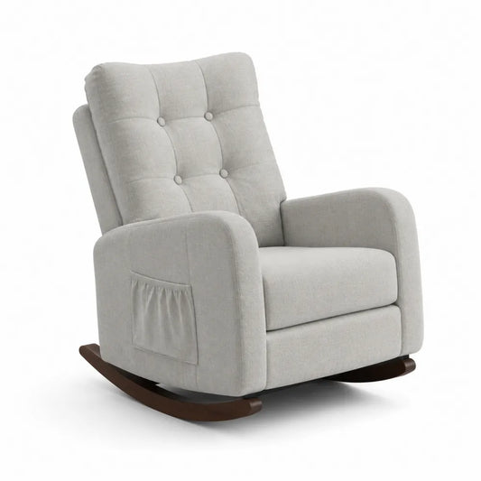 Poltrona a dondolo in tessuto grigio con base in legno