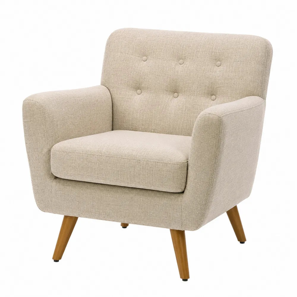Poltrona in tessuto di lino beige con gambe in legno