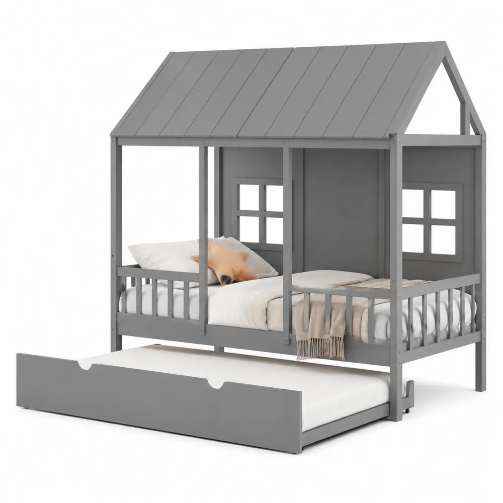 Letto a casetta in legno con letto estraibile grigio