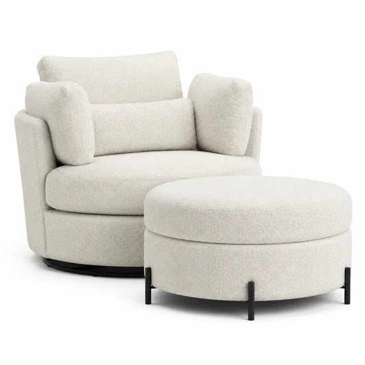 Poltrona e Pouf Rotondi in Tessuto Bouclé Crema con Struttura in Metallo