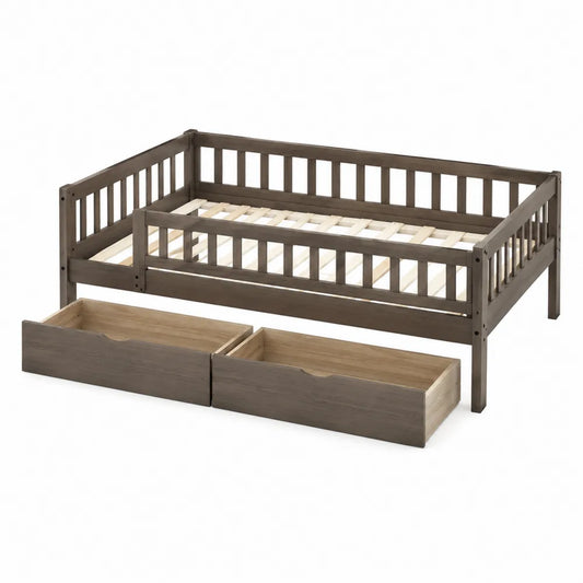 Letto singolo in legno massello di pino con cassetti grigio scuro
