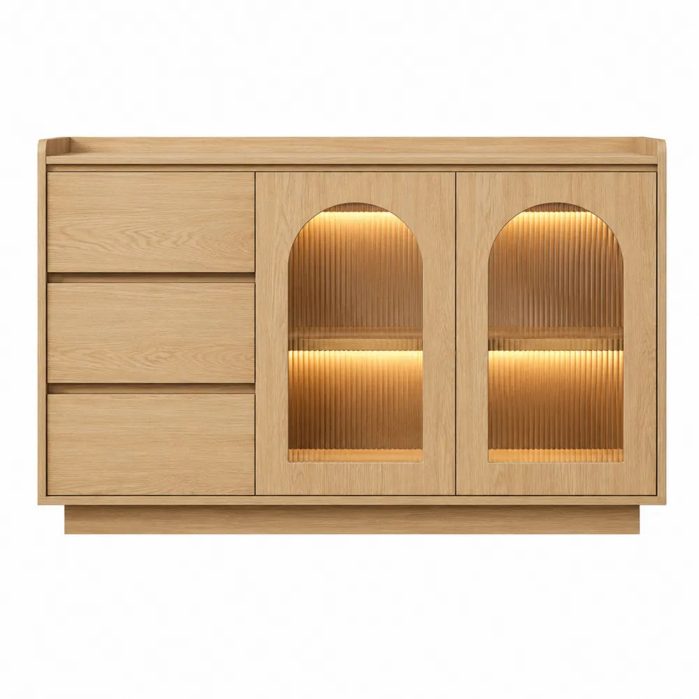 Credenza in legno di rovere chiaro con ante in vetro temperato e LED