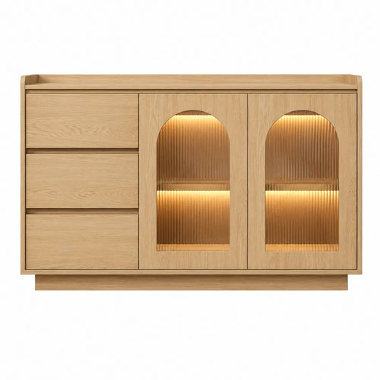 Credenza in legno di rovere chiaro con ante in vetro temperato e LED