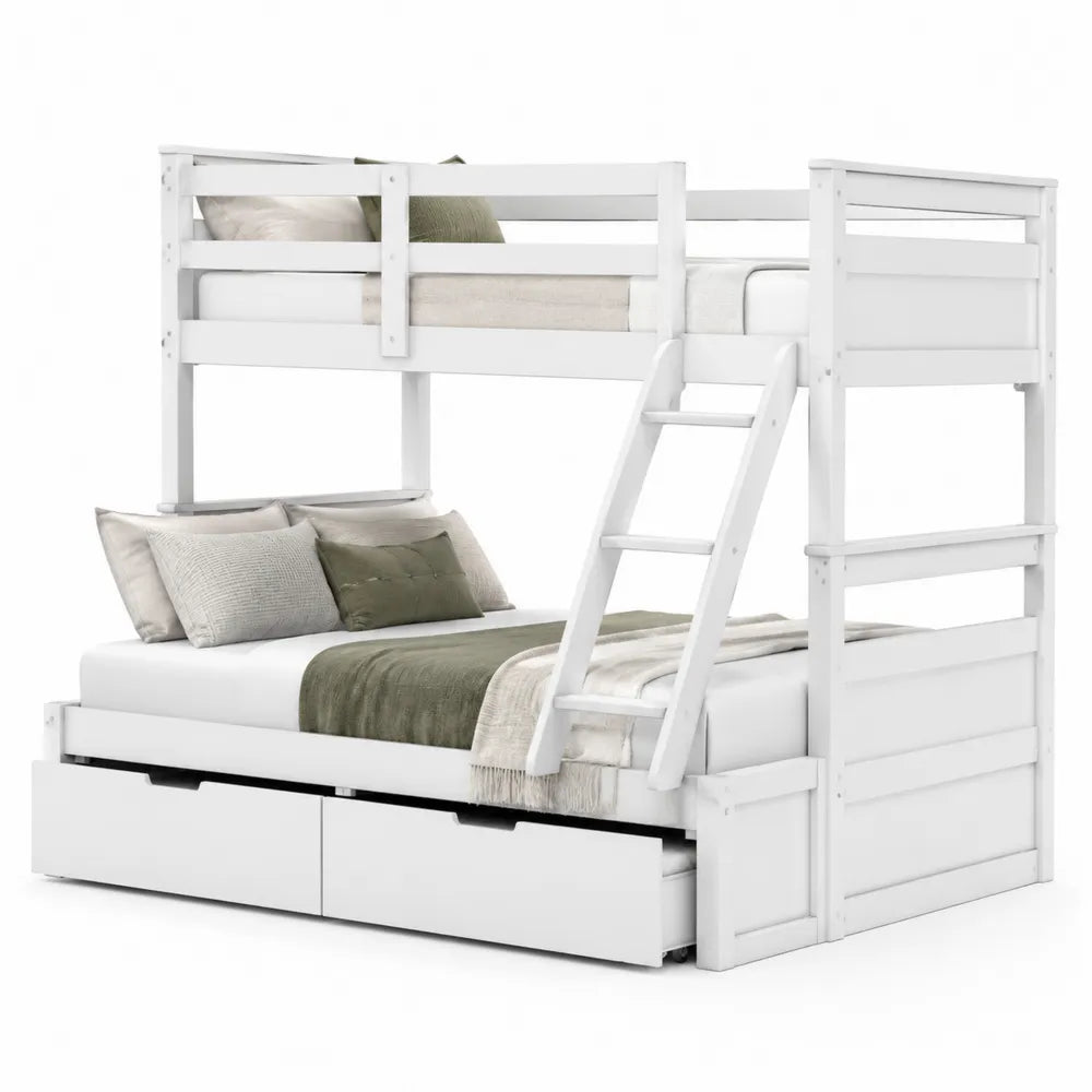Letto a castello in legno bianco con cassetti e scale