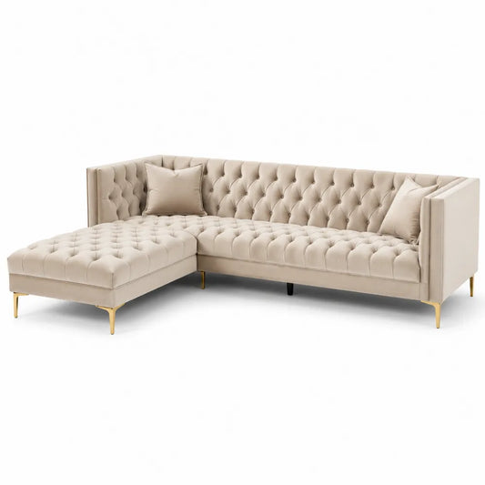 Divano angolare in velluto beige con gambe in metallo