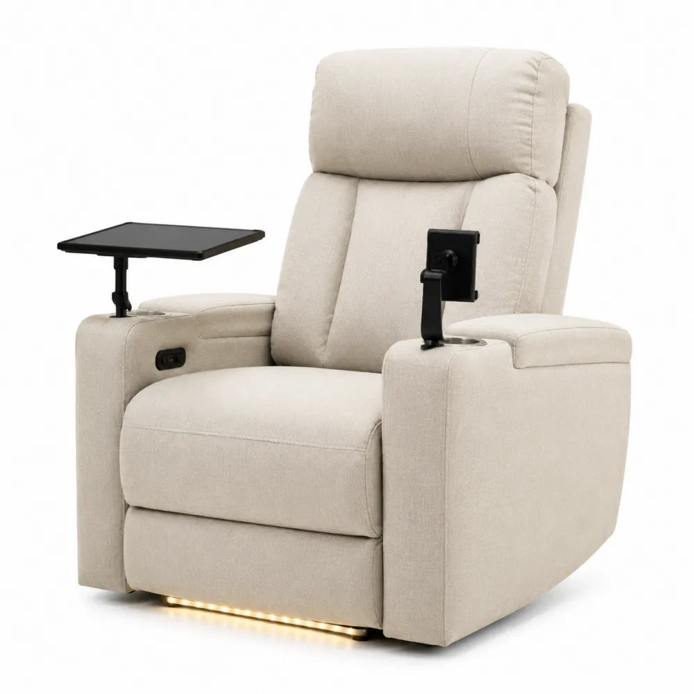 Poltrona reclinabile in tessuto beige con tavolino e supporto tablet