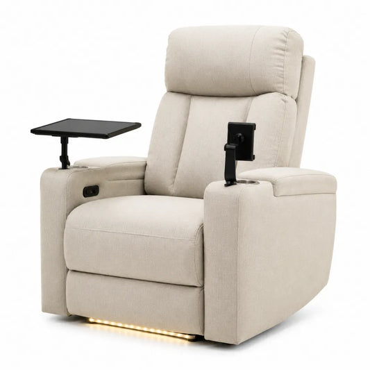 Poltrona reclinabile in tessuto beige con tavolino e supporto tablet