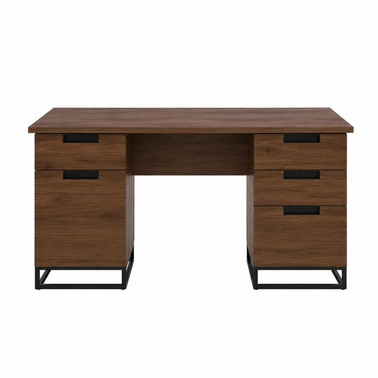 Scrivania in legno e metallo con cassetti noce 140x60x75 cm