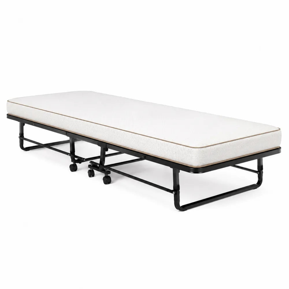 Letto pieghevole con struttura in metallo e materasso in schiuma bianco