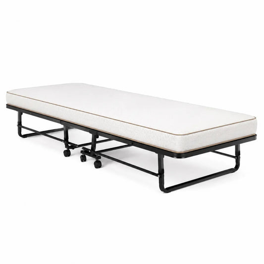 Letto pieghevole con struttura in metallo e materasso in schiuma bianco